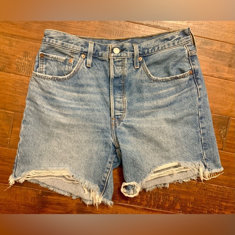 Levi's 501 Distressed Button Fly High Rise Blue Jean Shorts 30
